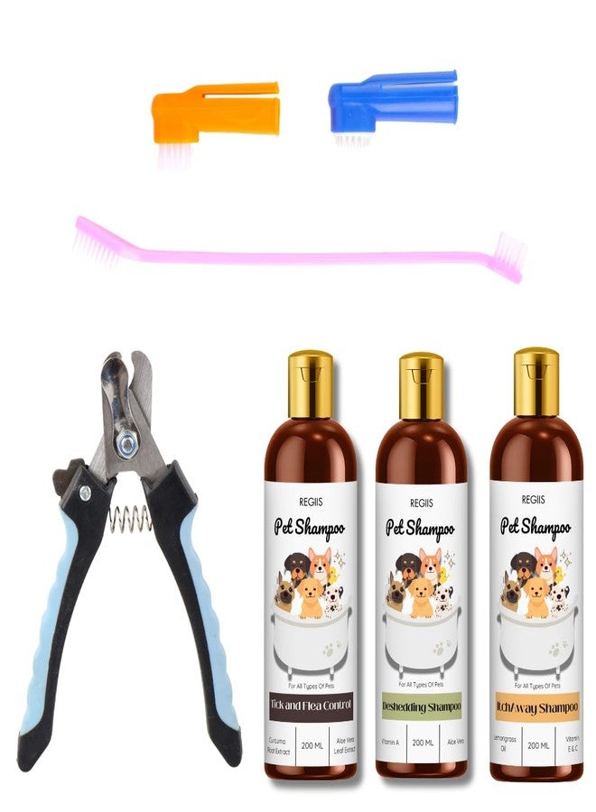 مجموعة ريجيس للعناية بالحيوانات الأليفة، مكافحة القراد، شامبو لإزالة الشعر الزائد، شامبو مضاد للحكة، مقص أظافر، فرشاة أسنان، 200 مل، متعدد الألوان (عبوة من 5 قطع) - Image 1